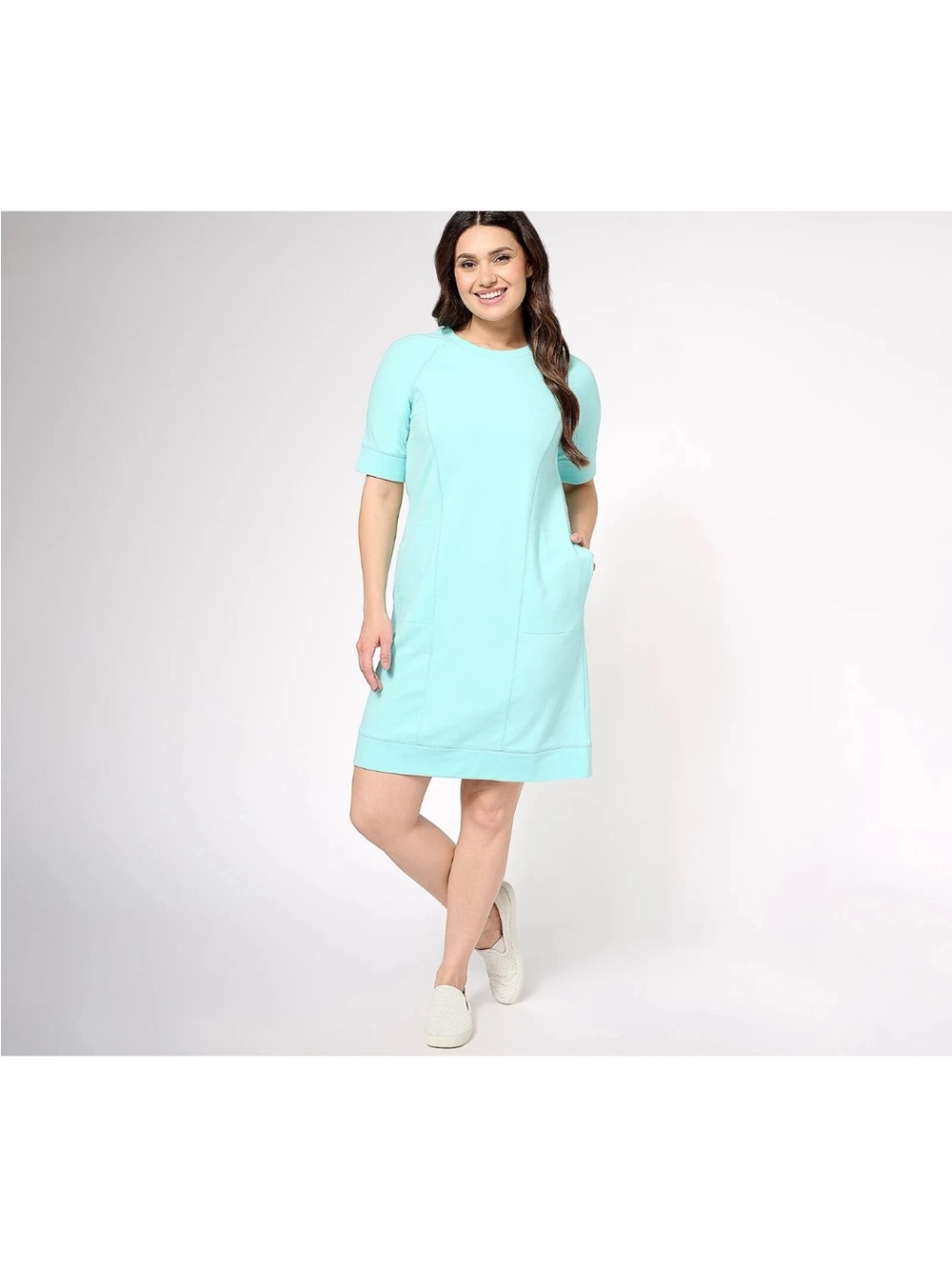 Denim & Co Active French Terry Round Neck Elbow Sleev Dress Turquoise Sz XS